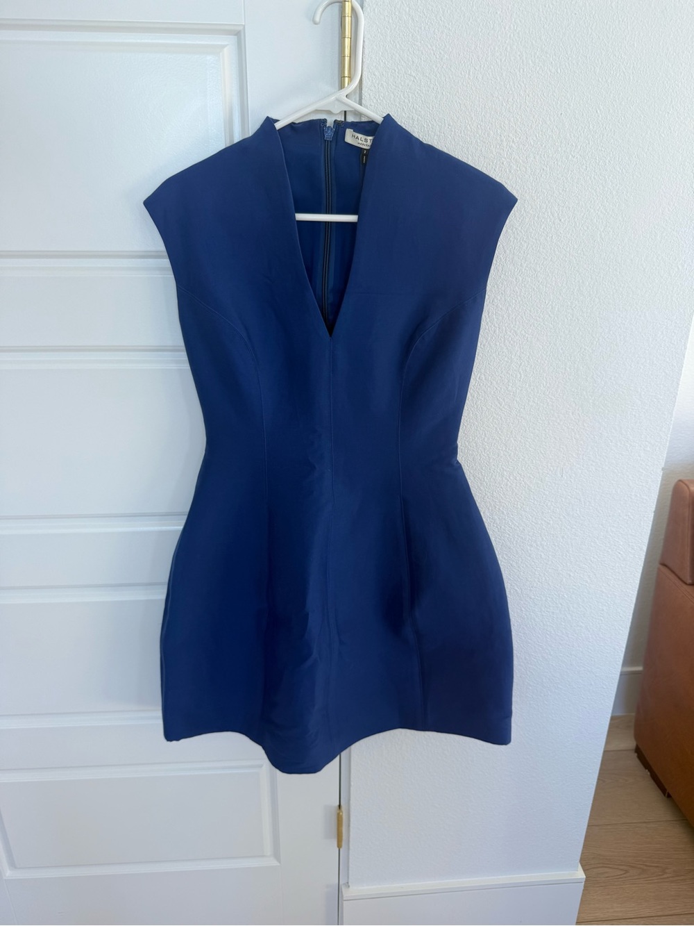 Halston Heritage Navy Silk Faille V-Neck Mini Dress